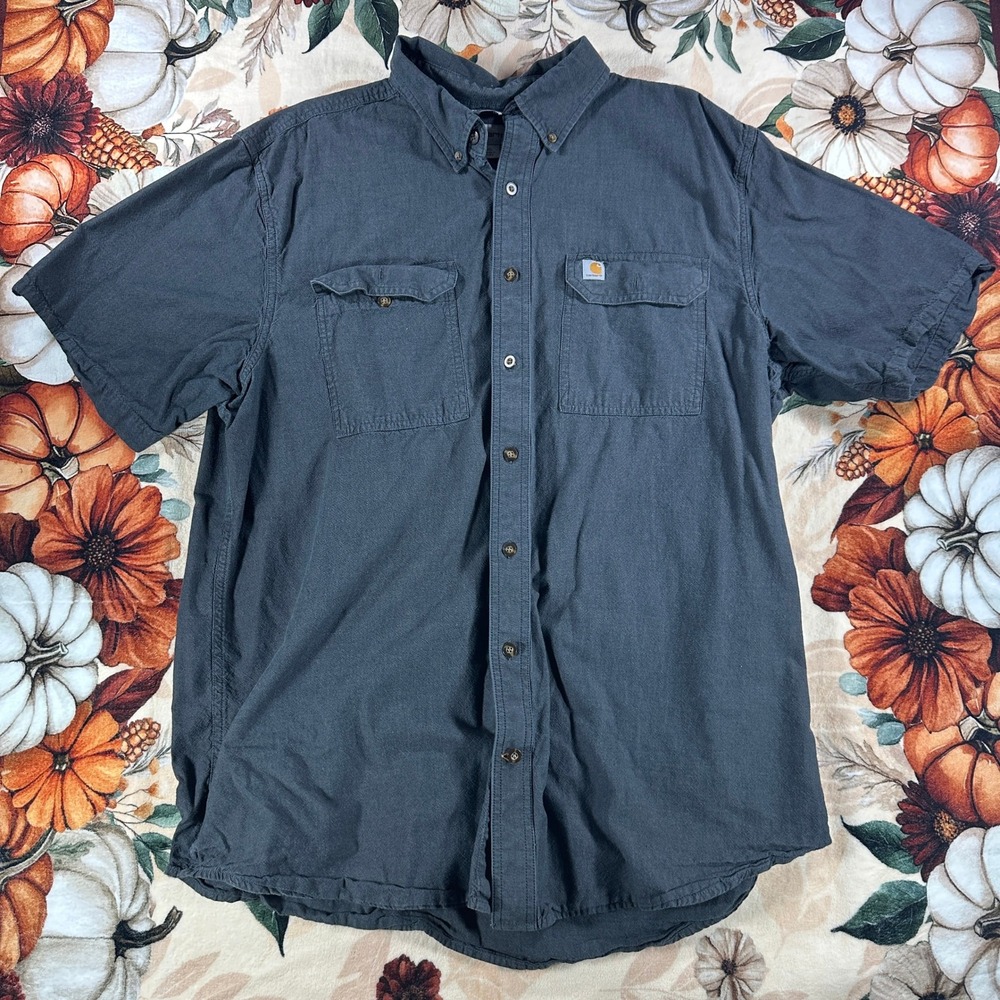 Carhartt Mens Navy Two Pocket Short Sleeve Button Down Work Shirt Size XL Tall